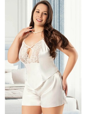 Homay 2'li Büyük Beden Dantel Göğüs Pencereli Şortlu Saten Pijama Takımı