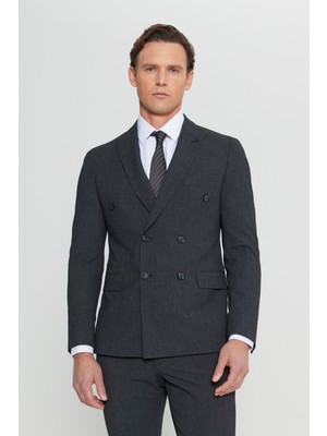 Altınyıldız Classics Erkek Antrasit Slim Fit Dar Kesim Kırlangıç Yaka Desenli Kapak Cepli Esnek Kruvaze Takım Elbise