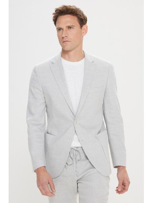 Altınyıldız Classics Erkek Açık Gri Slim Fit Dar Kesim Mono Yaka Desenli Keten Takım Elbise