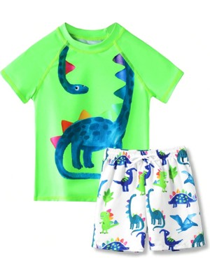 Petityu Güneş Korumalı Neon Yeşil Dino Mayo Uzun Boyunlu T-Rex Beyaz Şortlu Set