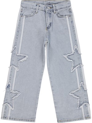 Civil Girls Civil Kız Çocuk Şeritli Yıldız Nakışlı Kot Pantolon 10-13 Yaş Buz Mavi Geniş Paça Regular Fit