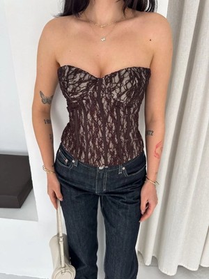 Tarz Yeri Kadın Fermuarlı Dantel Korse Straplez Bustiyer Transparan Şık Top - Kahverengi