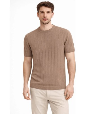 Tarz Yeri Erkek Yazlık Fitilli Triko Tişört Kısa Kol Bisiklet Yaka T-Shirt - Kahverengi
