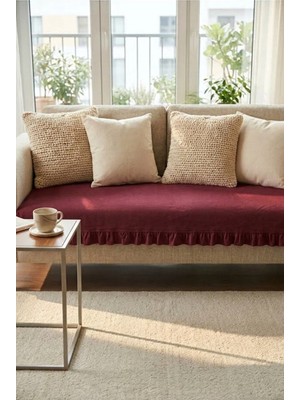 YUNUSOĞLU HOME Keten Pamuk Koltuk Örtüsü Fırfırlı Bordo 90X200 cm Şık ve Doğal Görünüm