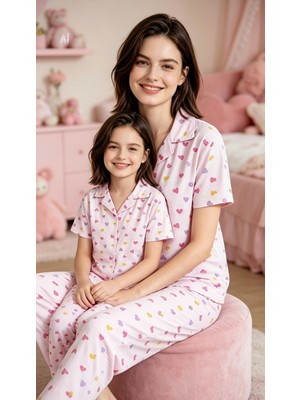 NiCe İç Giyim Anne Kız Kombin Pijama Takımı - Milan Kumaş, Kalpli Desenli, Mevsimlik Gömlek Yaka Düğmeli Rahat Takım (Ayrı Satılır)