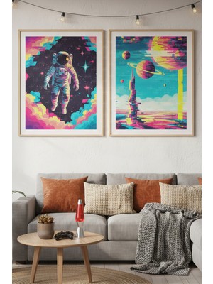 Tontilika Astronot ve Gezegenler 2’li Ahşap Çerçeveli Tablo Seti - Retro Uzay Dekoru