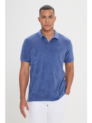 Altınyıldız Classics Erkek İndigo Slim Fit Dar Kesim Pamuklu Havlu Kumaş Polo Yaka Tişört