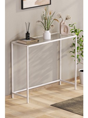 Feyza Design Şeffaf Temper Camlı Modern Beyaz Metal Dresuar Konsolu