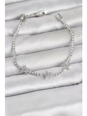 Uravas Store Pirinç Gümüş Renk Yıldız Model Zirkon Taşlı Su Yolu Kadın Bileklik - TJ-BB8378