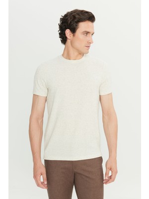 Altınyıldız Classics Erkek Bej Keten Slim Fit Dar Kesim Bisiklet Yaka Jakarlı Tişört