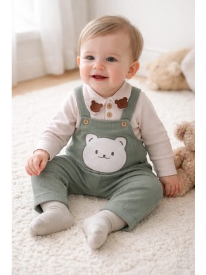 Bebeksy Erkek Bebek Ayıcık Figürlü Fitilli Salopet Takım Yeşil