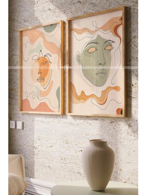 Tontilika Minimalist Çizgi Sanatı Ahşap Çerçeveli 2'li Tablo Seti