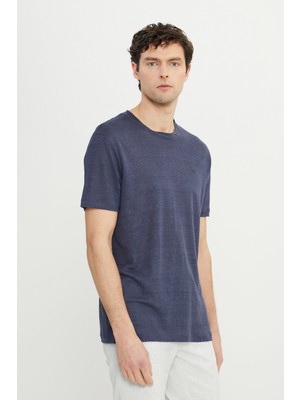 Altınyıldız Classics Erkek Lacivert %100 Keten Slim Fit Dar Kesim Bisiklet Yaka Tişört