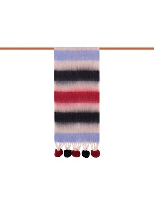 Bursa İpek Mavi Kırmızı Şerit Desen Ponponlu Atkı