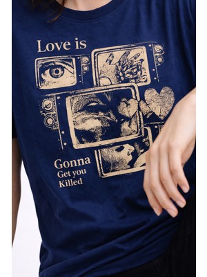Minblu Love Is Temalı Indigo Tişört