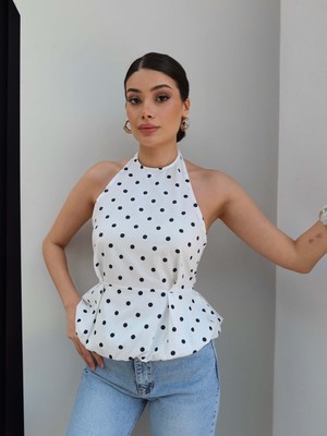 Esra Helvacı Puantiyeli Sırtı Açık Balon Bluz