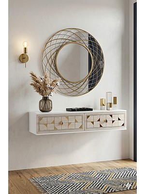 Feyza Design Modern 120 cm Beyaz Traverten Altın Renkli Duvara Monte Tv Sehpası