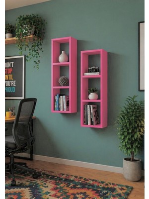 Dekormer Design Kitaplık Ikili Takım Çapraz Duvar Rafı Mobilyası Pembe