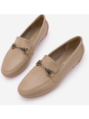 Marjin Kadın Loafer Makosen Tokalı Klasik Günlük Ayakkabı Tavelo Vizon