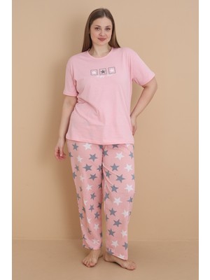 Wordex Mrn 4504 Yıldız Desenli Kısa Kollu Pamuklu Penye Büyük Beden Kadın Pijama Takımı