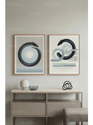 Tontilika Minimalist Ouroboros ve Dalga Temalı Soyut 2’li Ahşap Çerçeveli Tablo Seti