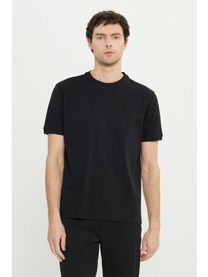 Altınyıldız Classics Erkek Siyah %100 Pamuk Slim Fit Dar Kesim Bisiklet Yaka Jakarlı Tişört