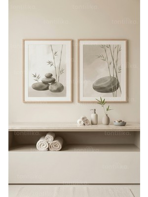 Tontilika Zen Doğası Bambu ve Denge Taşları 2’li Ahşap Çerçeveli Tablo Seti