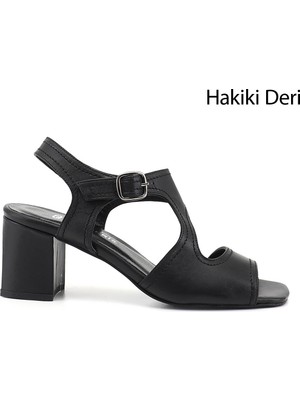Gönderi(r) Kadın Siyah  Kalın Topuklu Arkası Açık Hakiki Deri Sandalet