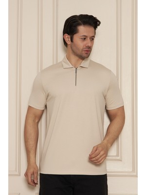 Jeuss Erkek Viscon Lina Kumaş Fermuarlı Yakalı Bej Tshirt