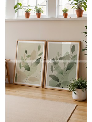 Tontilika Minimalist Yeşil Yaprak Tasarımlı Ahşap Çerçeveli 2'li Tablo SETI-21X30