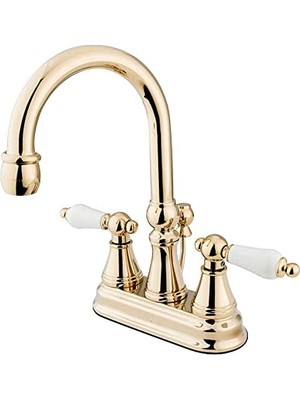 İlanib Ticaret KS2612PL Governor 10 cm Merkezli Lavabo Bataryası Pirinç Açılır ve Porselen Kol Kolu, Cilalı Pirinç