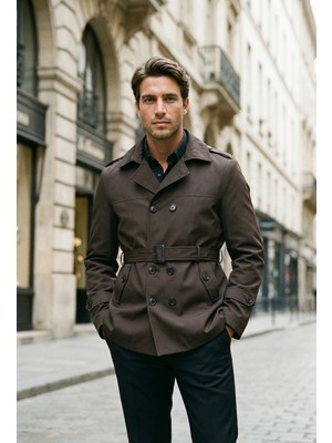 Mero Life Erkek Kahverengi Mevsimlik Astarlı Kemerli Kruvaze Trençkot