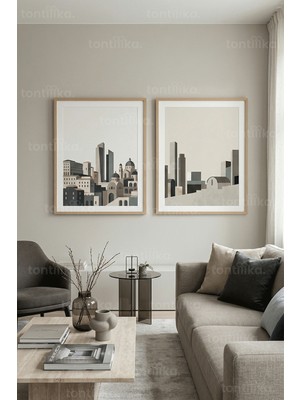Tontilika Modern Şehir Manzaraları 2’li Ahşap Çerçeveli Tablo Seti