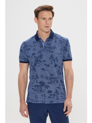 Altınyıldız Classics Erkek İndigo Slim Fit Dar Kesim %100 Pamuk Desenli Polo Yaka Tişört