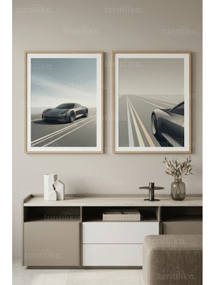 Tontilika Minimalist Spor Araba ve Yol Sanatı 2’li Ahşap Çerçeveli Tablo Seti