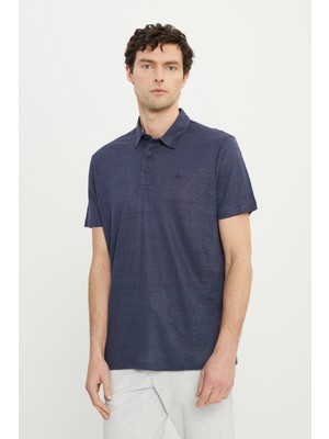 Altınyıldız Classics Erkek Lacivert %100 Keten Slim Fit Dar Kesim Polo Yaka Tişört