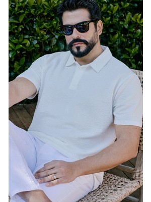 Altınyıldız Classics Erkek Beyaz Pamuklu Slim Fit Dar Kesim Polo Yaka Jakarlı Esnek Tişört