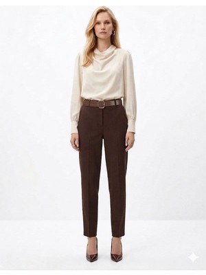Claura Kemer Hediyeli Düz Paça Kahverengi Modern Kadın Pantolon