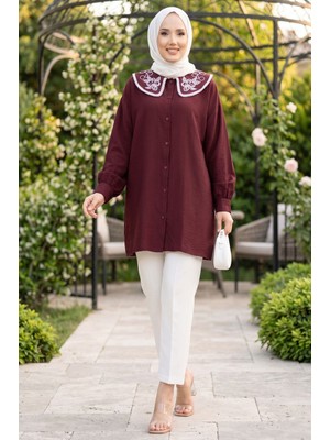 SVS Yaka Nakışlı Tesettür Tunik Bordo