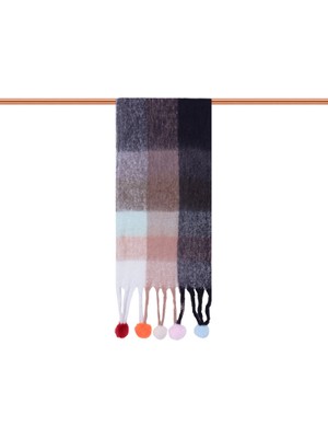 Bursa İpek Siyah Bej Ekose Desen Ponponlu Atkı