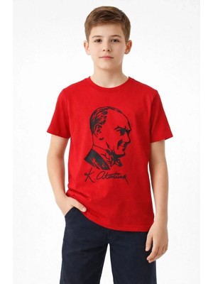 Tarz Yeri Erkek Çocuk Atatürk Baskılı Tişört Kısa Kollu Bisiklet Yaka T-Shirt - Kırmızı