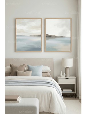 Tontilika Huzurlu Soyut Deniz Manzarası 2’li Ahşap Çerçeveli Tablo Seti