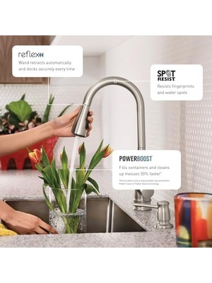 İlanib Ticaret Moen Nolia Tek Kolu Pull- Püskürtücü Mutfak Bataryası Refleks ve Powerboost Spot Dirençli Paslanmaz (87071SRS)