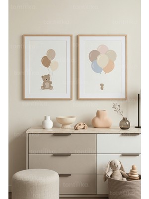 Tontilika Pastel Ayıcık ve Balonlar 2’li Ahşap Çerçeveli Tablo Seti