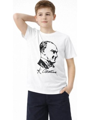 Tarz Yeri Erkek Çocuk Atatürk Baskılı Tişört Kısa Kollu Bisiklet Yaka T-Shirt - Beyaz
