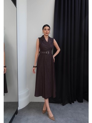 Esra Helvacı Kruvaze Yaka Kemerli Denim Elbise