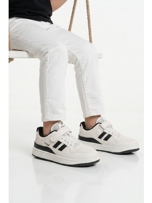 Cool Beyaz Siyah Fileli Hafif Cırtlı Unisex Çocuk Spor Ayakkabı Stella F