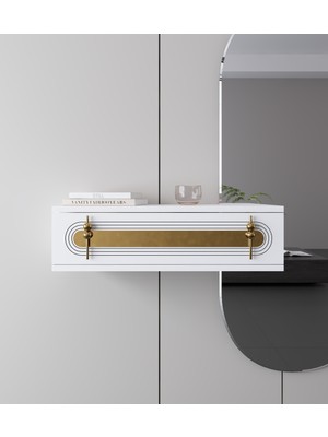 Feyza Design Şık 70CM Beyaz ve Altın Detaylı Duvara Monte Kapaklı Raflı Dresuar