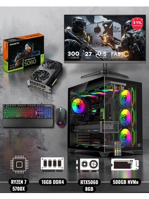 Symoon Ryzen 7 5700X 16GB Ddr4 Ram 1tb Nvme 5060 Ekran Kartlı 360 mm Sıvı Soğutmalı 27 Inç Monitörlü Klavyeli Gaming Pc