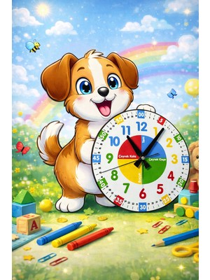 Karbonsoft Sevimli Köpek Montessori Çocuk Odası Eğitici Ahşap Duvar Saati - Sessiz Mekanizma, Şık Tasarım Saat